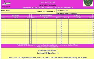 Entry for Meath Matchplay and Meath leagues are now open for entry. Emails have being sent to clubs.